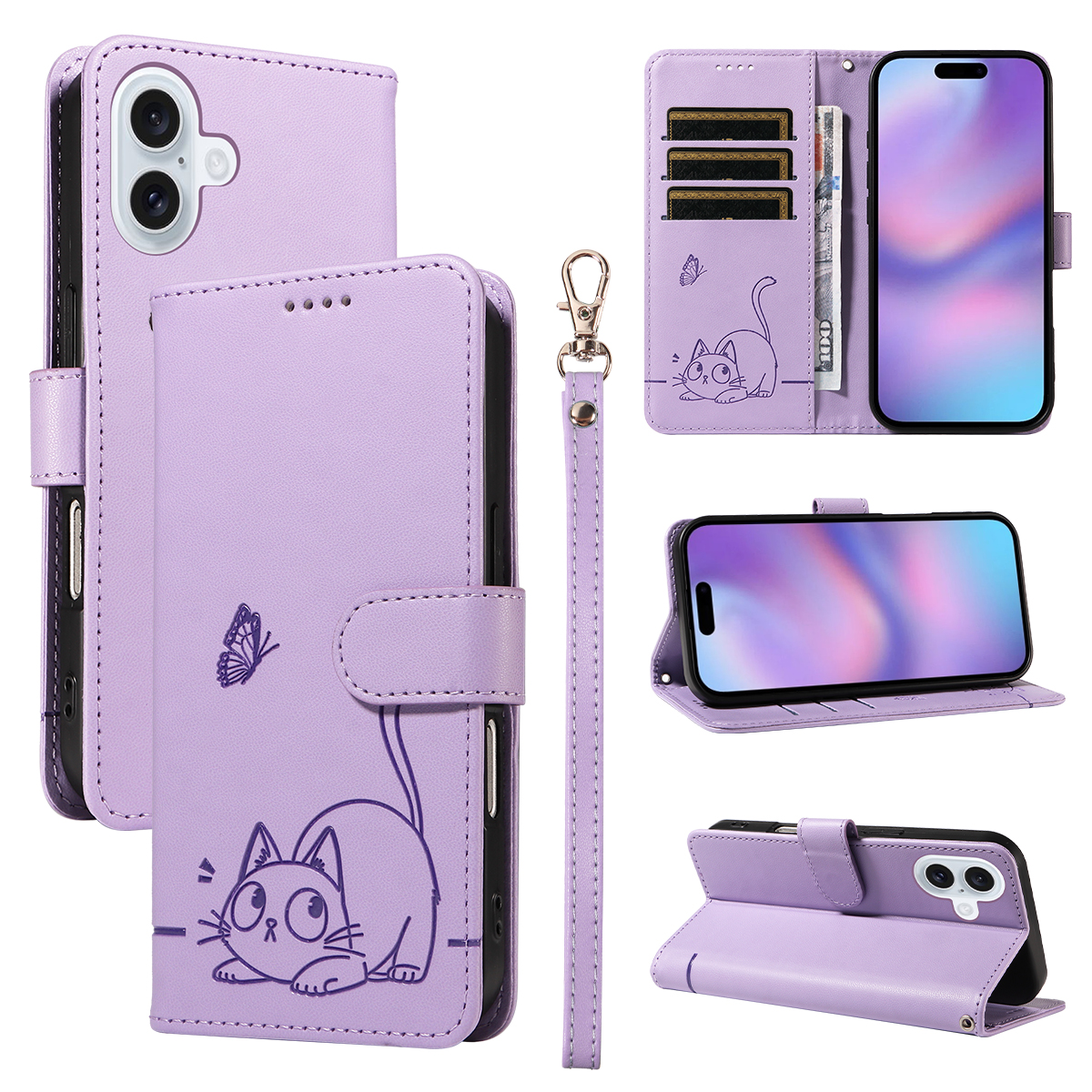 For iPhone 17 Case Cat Pattern Imprint Leather Phone Cover with Wrist Strap - Purple