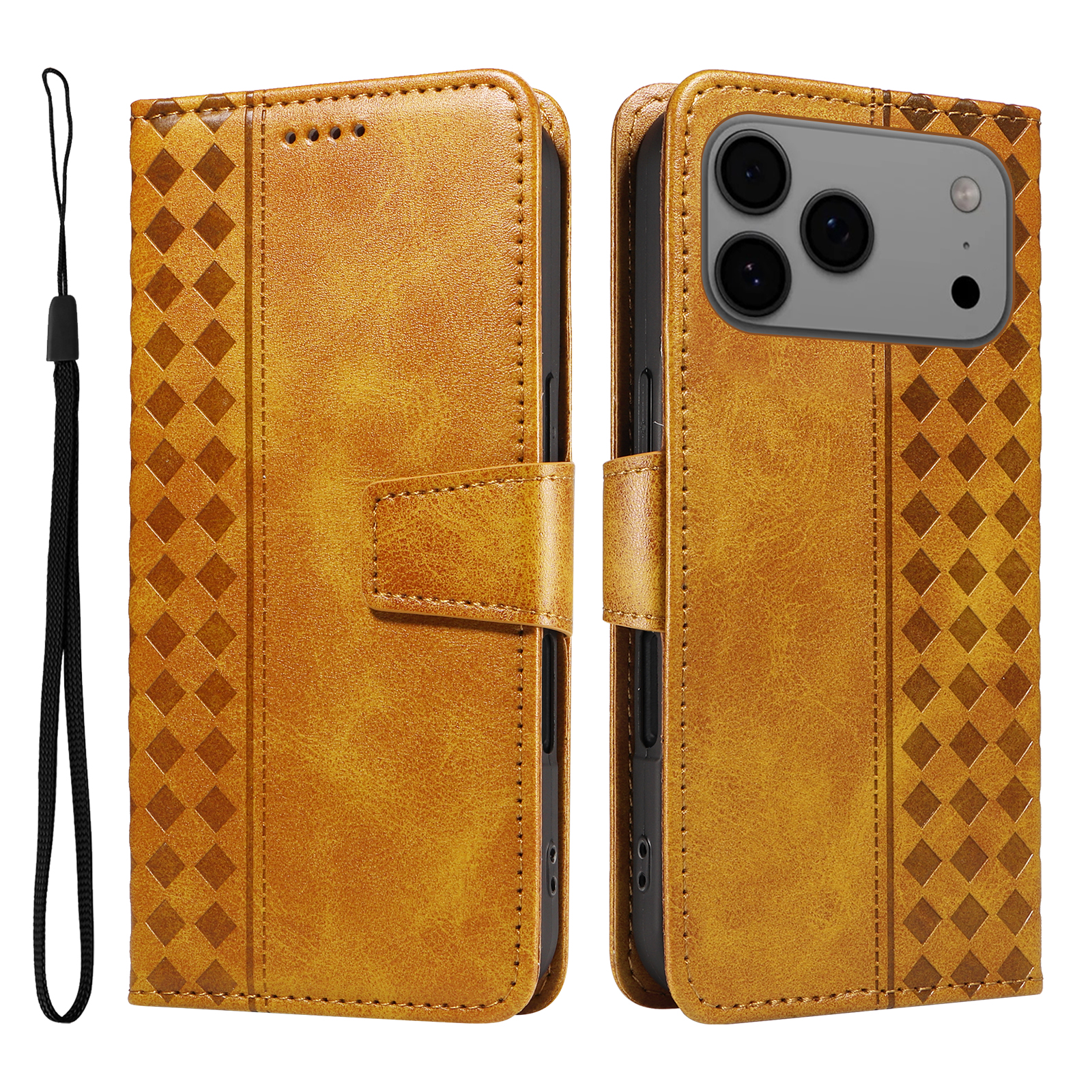 For iPhone 17 Pro Max Leather Case Wallet Stand Grids Imprinted Phone Cover with Strap - Yellow