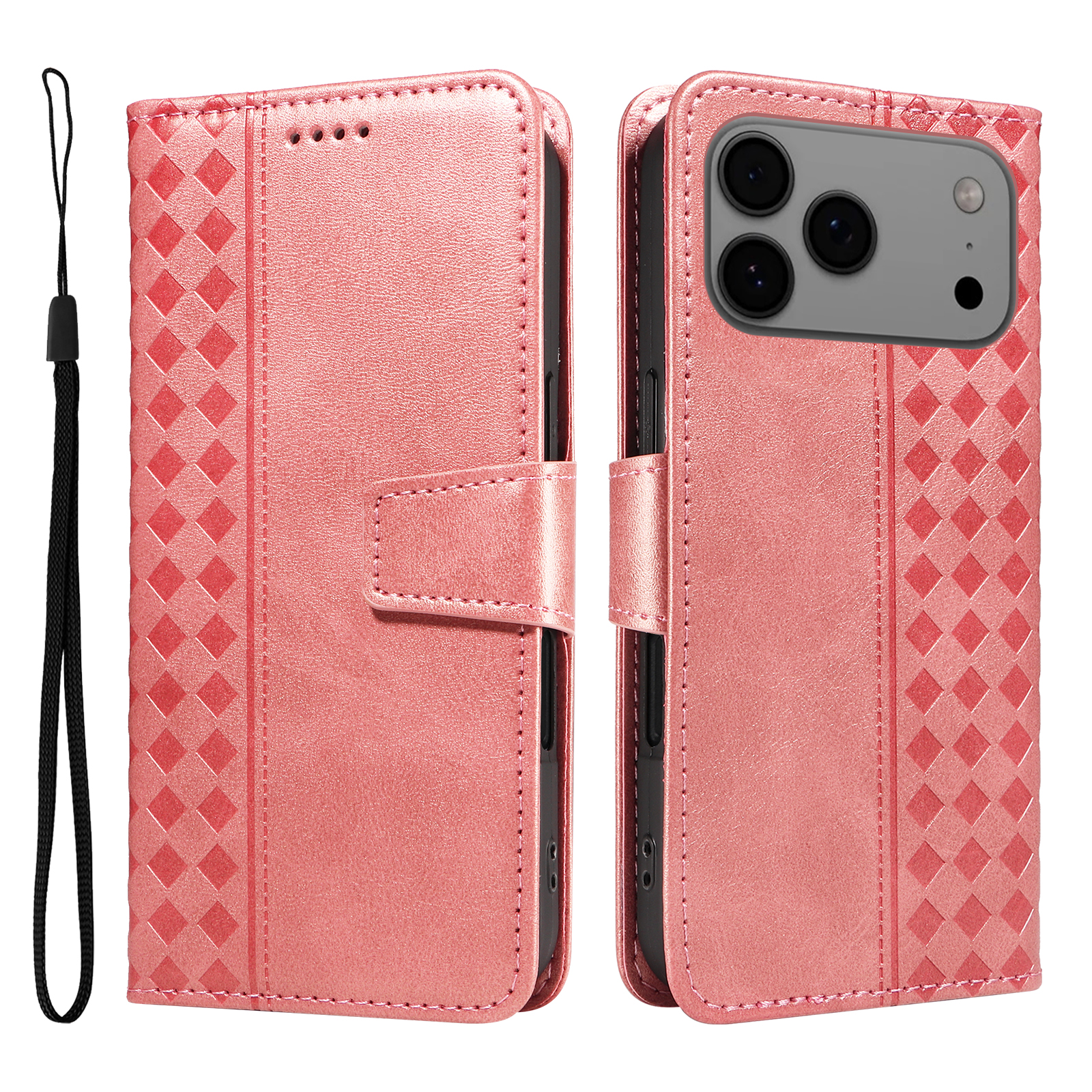 For iPhone 17 Pro Max Leather Case Wallet Stand Grids Imprinted Phone Cover with Strap - Rose Gold