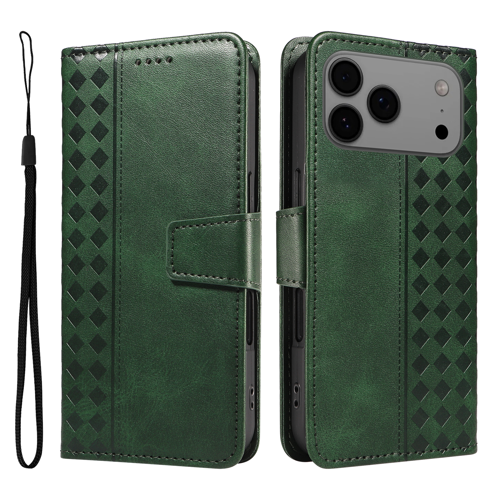 For iPhone 17 Pro Max Leather Case Wallet Stand Grids Imprinted Phone Cover with Strap - Green