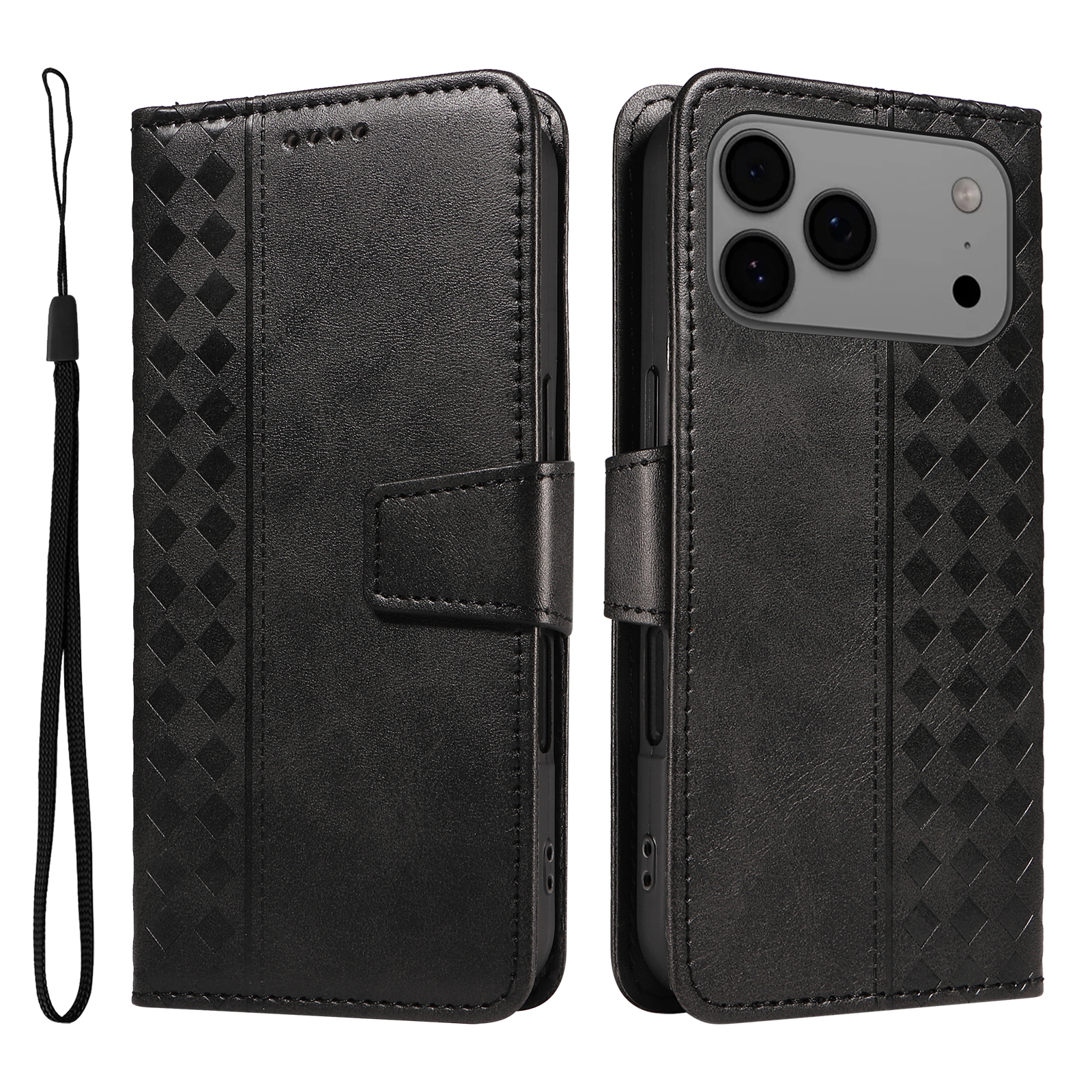 For iPhone 17 Pro Max Leather Case Wallet Stand Grids Imprinted Phone Cover with Strap - Black