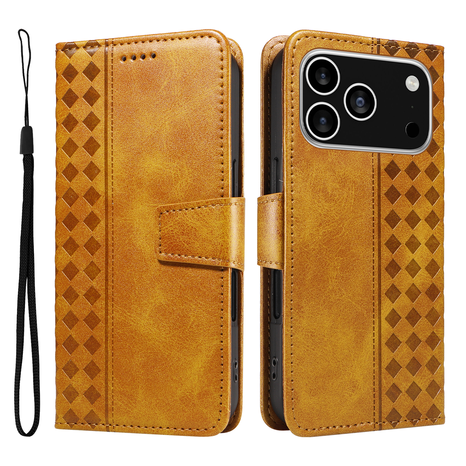 For iPhone 17 Pro Leather Case Wallet Stand Grids Imprinted Phone Cover with Strap - Yellow