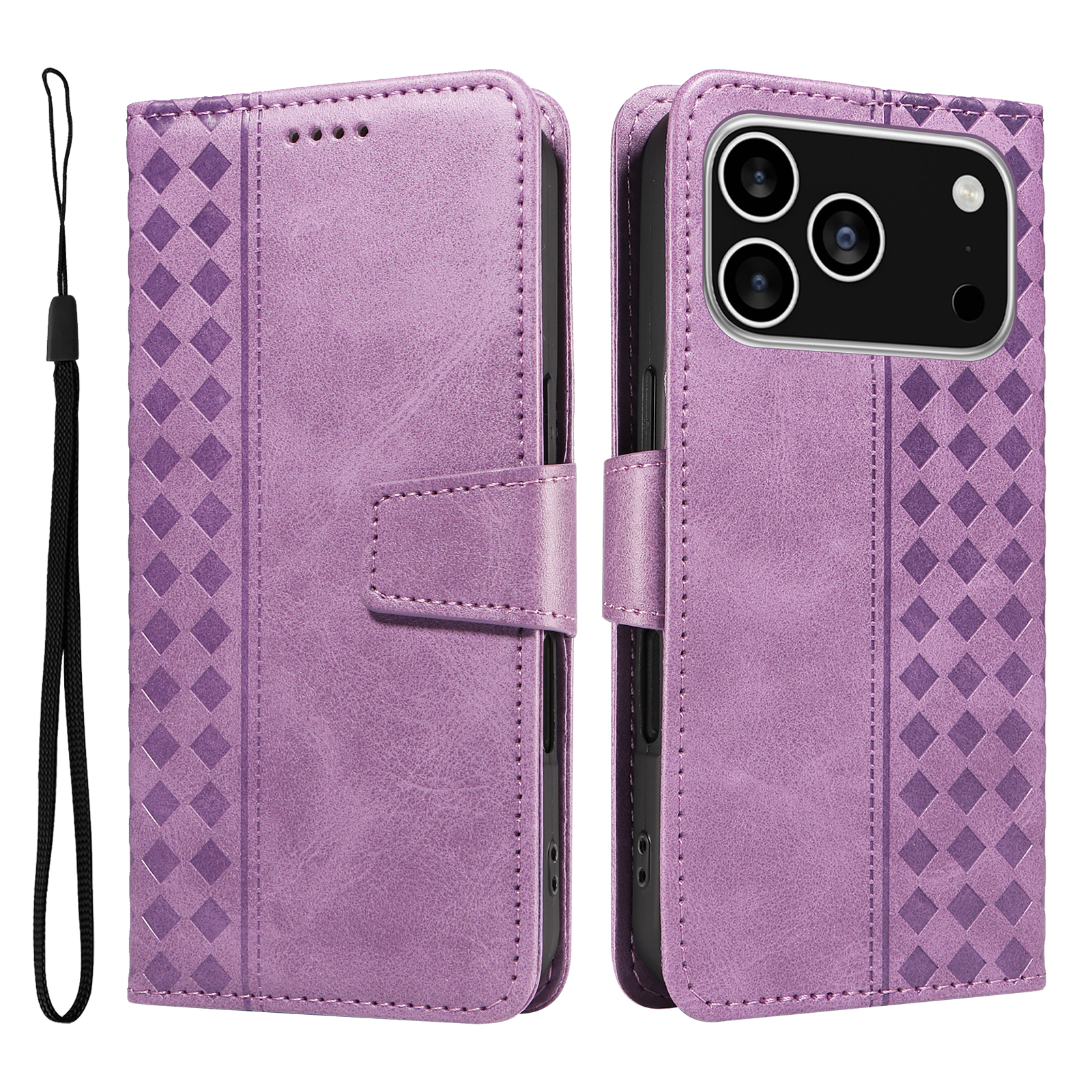 For iPhone 17 Pro Leather Case Wallet Stand Grids Imprinted Phone Cover with Strap - Light Purple