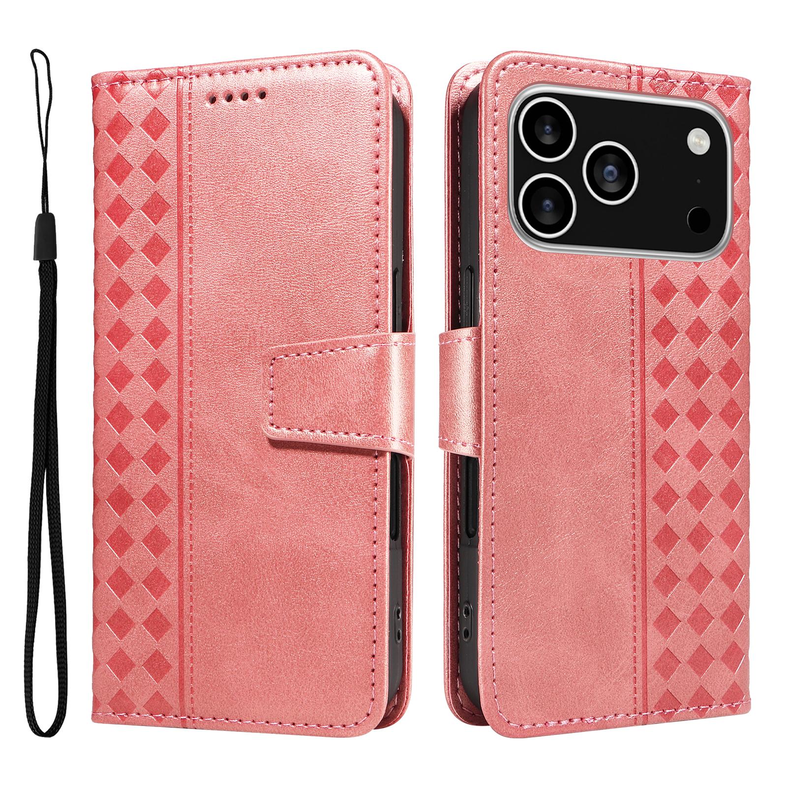 For iPhone 17 Pro Leather Case Wallet Stand Grids Imprinted Phone Cover with Strap - Rose Gold