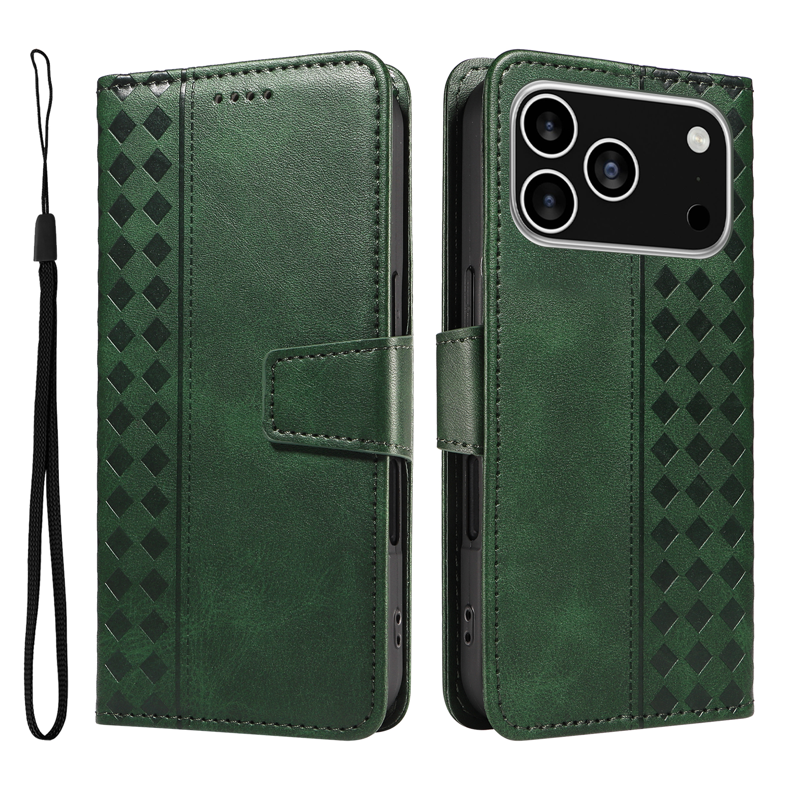 For iPhone 17 Pro Leather Case Wallet Stand Grids Imprinted Phone Cover with Strap - Green