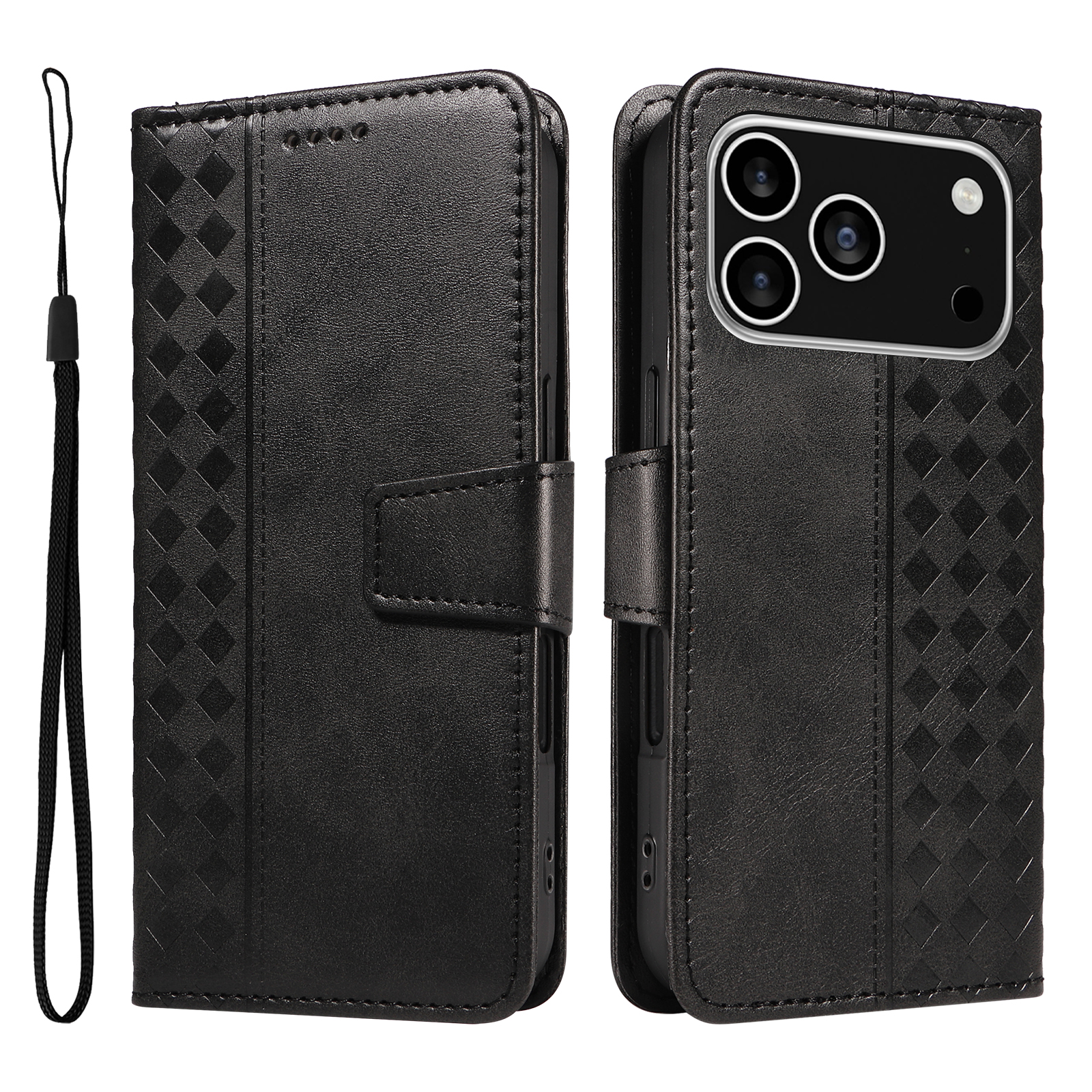 For iPhone 17 Pro Leather Case Wallet Stand Grids Imprinted Phone Cover with Strap - Black