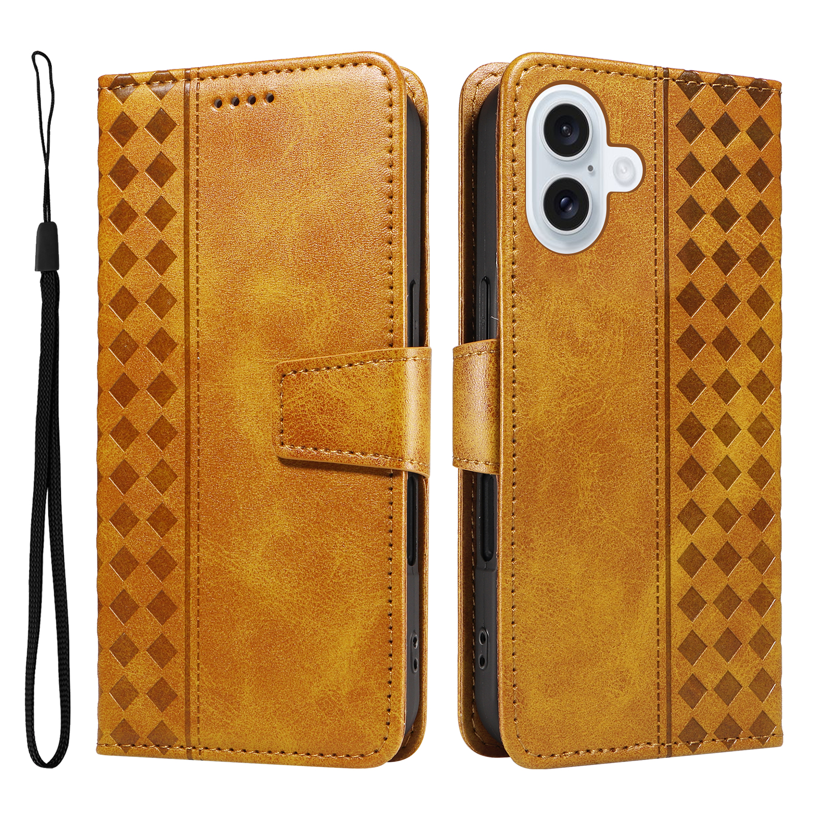 For iPhone 17 Leather Case Wallet Stand Grids Imprinted Phone Cover with Strap - Yellow