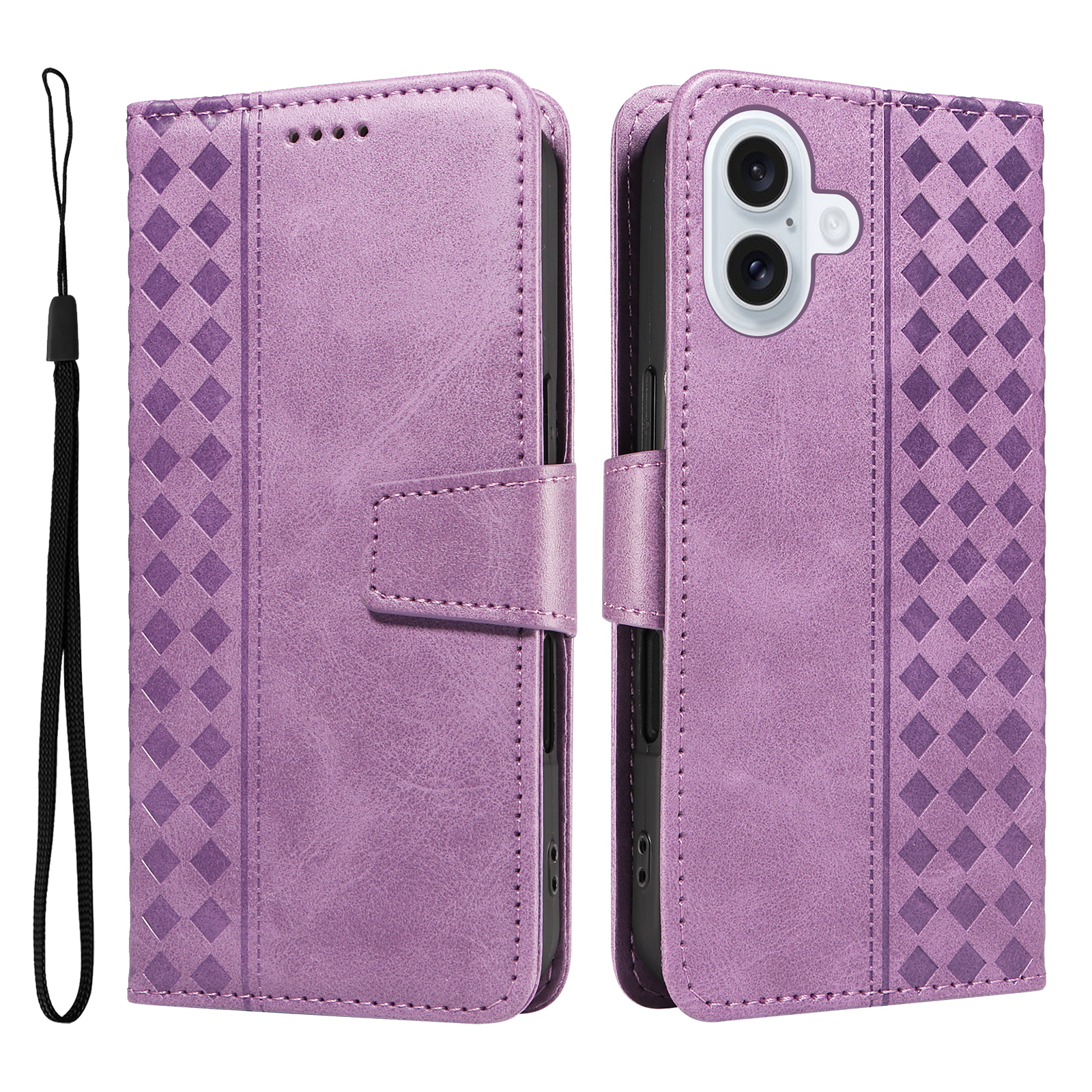 For iPhone 17 Leather Case Wallet Stand Grids Imprinted Phone Cover with Strap - Light Purple