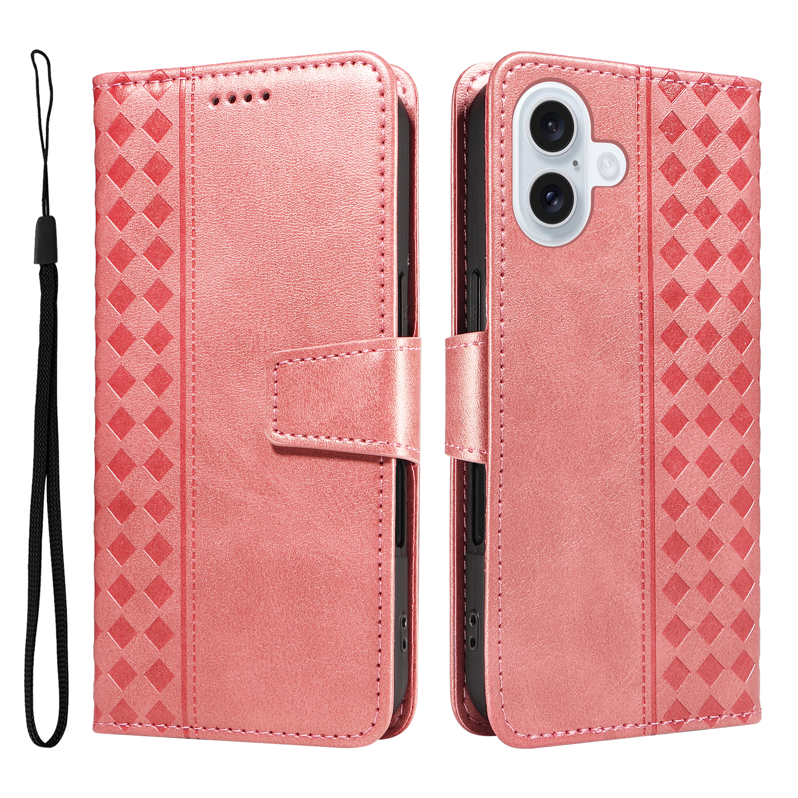For iPhone 17 Leather Case Wallet Stand Grids Imprinted Phone Cover with Strap - Rose Gold