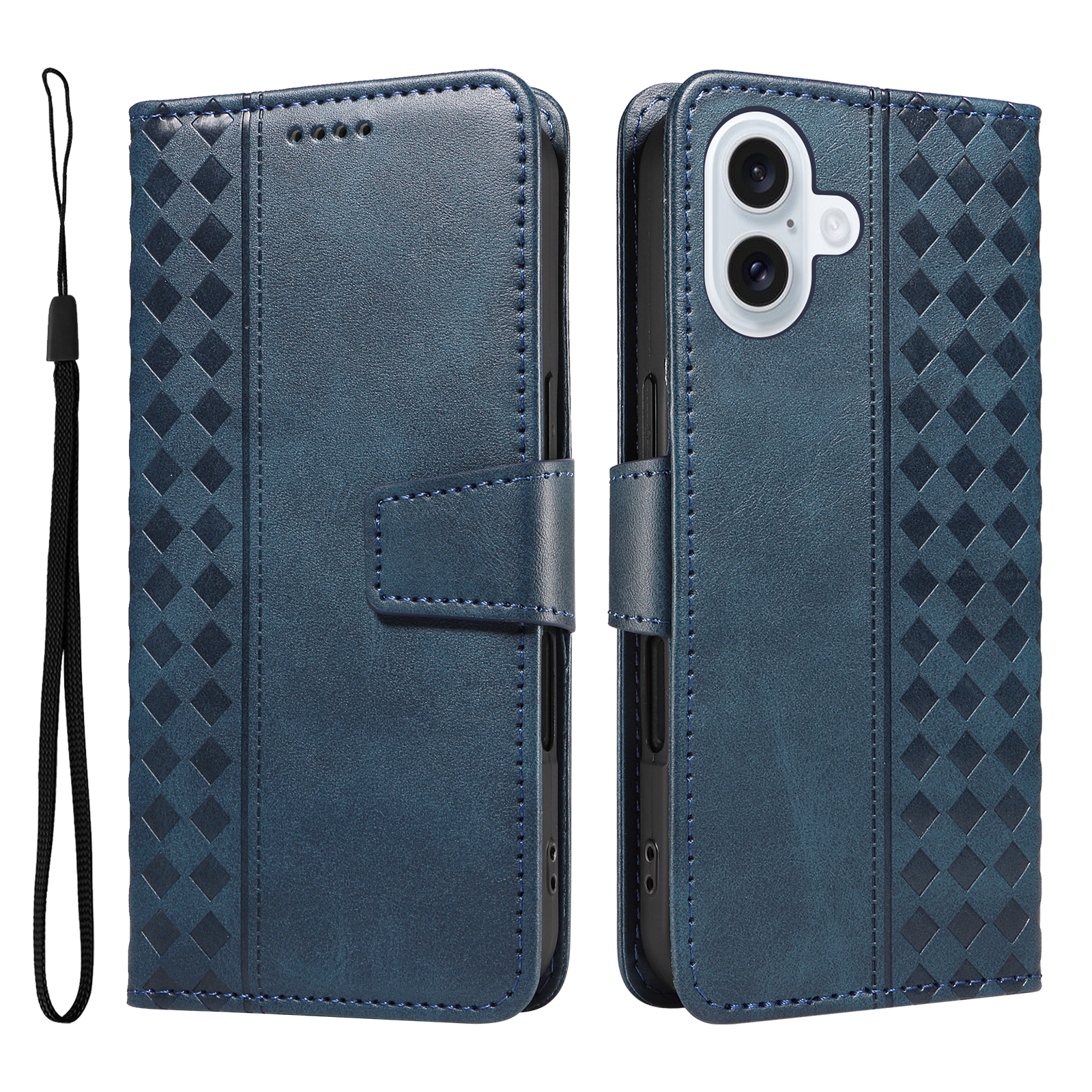 For iPhone 17 Leather Case Wallet Stand Grids Imprinted Phone Cover with Strap - Blue