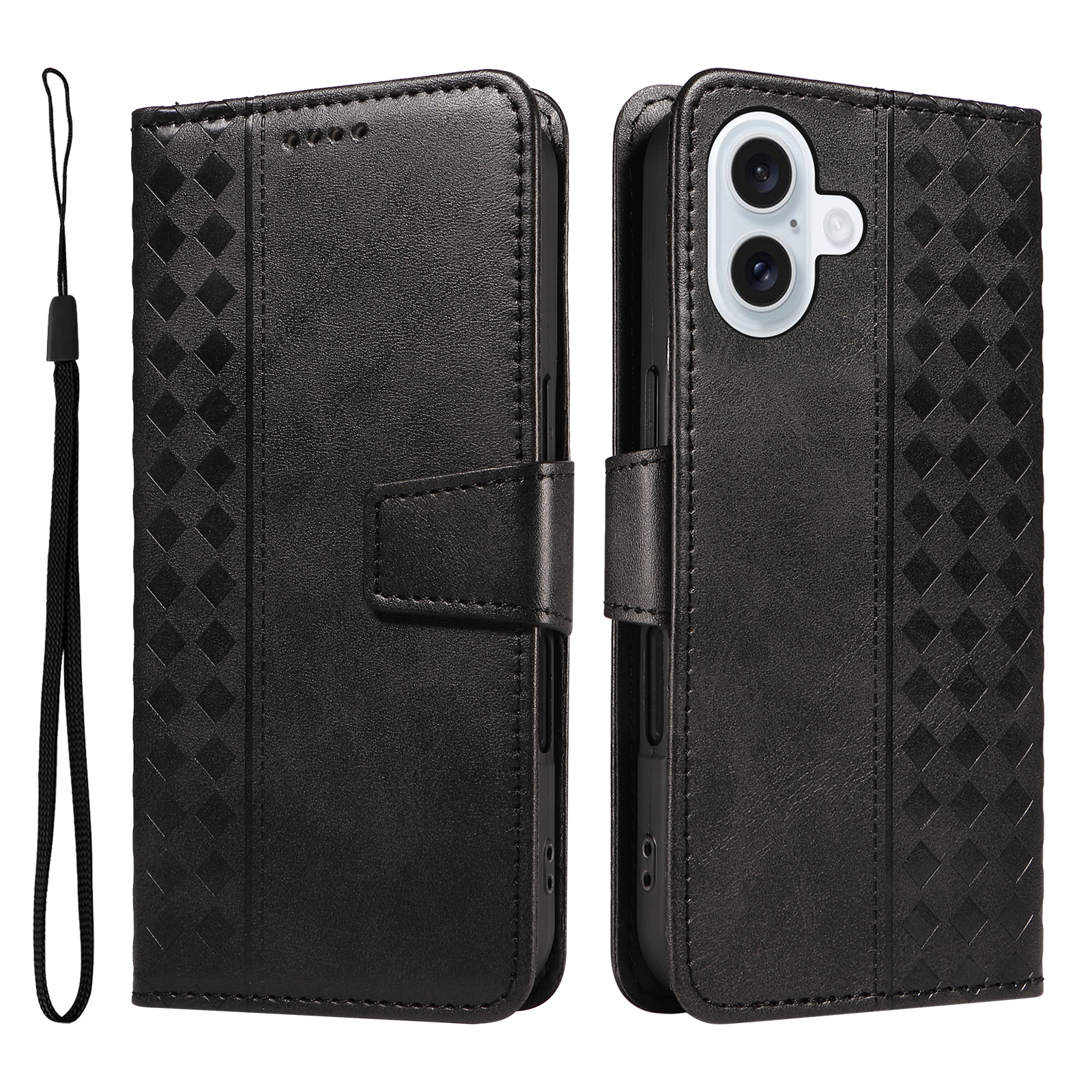 For iPhone 17 Leather Case Wallet Stand Grids Imprinted Phone Cover with Strap - Black