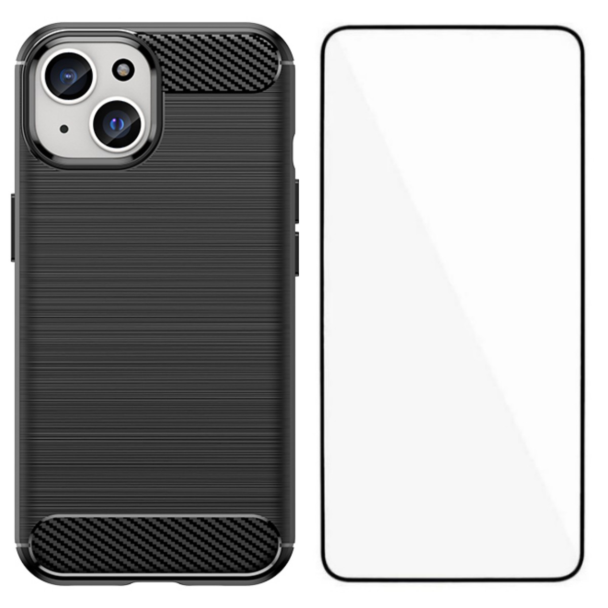 For iPhone 15 Case with Screen Film WANLONFENG LS Series Big Lens Hole Brushed Texture TPU Phone Cover - Black