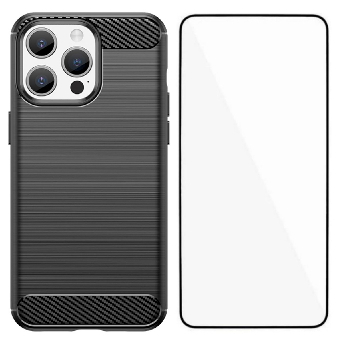 For iPhone 15 Pro Max Case with Screen Film WANLONFENG LS Series Big Lens Hole Brushed Texture TPU Phone Cover - Black
