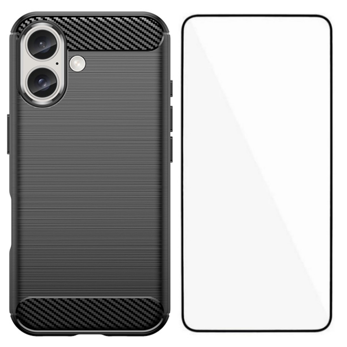 For iPhone 16 Case with Screen Film WANLONFENG LS Series Big Lens Hole Brushed Texture TPU Phone Cover - Black