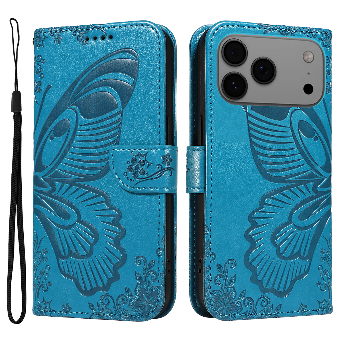 For iPhone 17 Pro Max Case Butterfly Pattern PU Leather Folio Flip Phone Cover -  Blue