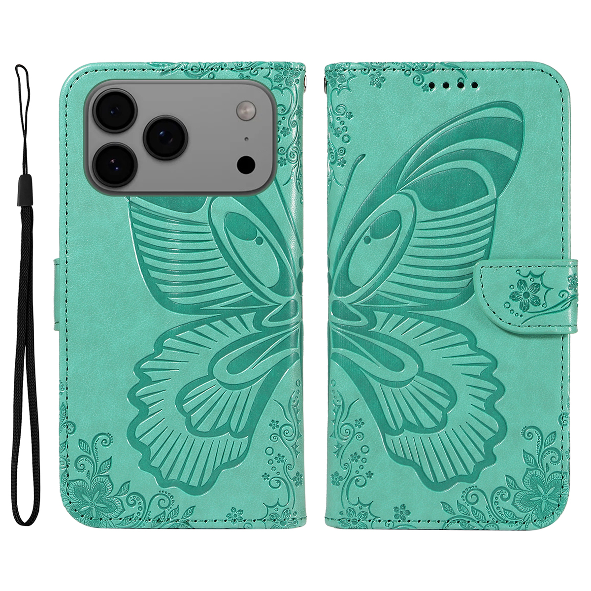 For iPhone 17 Pro Max Case Butterfly Pattern PU Leather Folio Flip Phone Cover -  Green