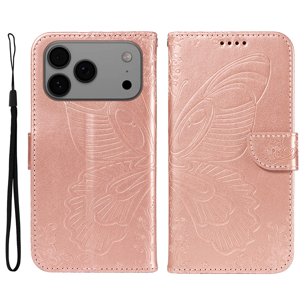 For iPhone 17 Pro Max Case Butterfly Pattern PU Leather Folio Flip Phone Cover -  Rose Gold