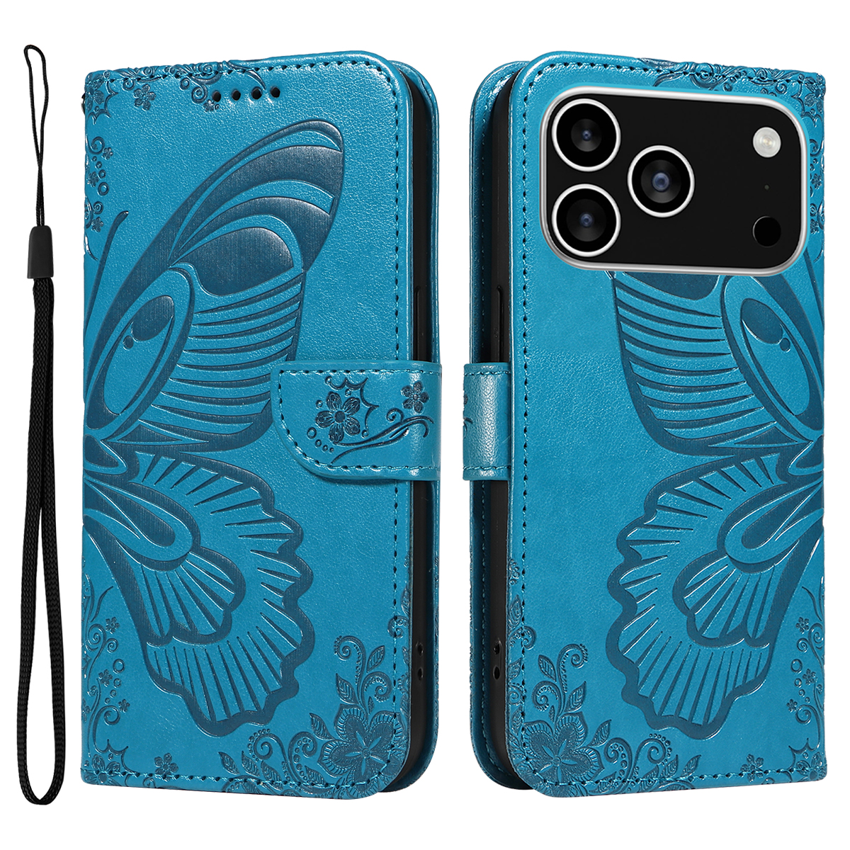 For iPhone 17 Pro Case Butterfly Pattern PU Leather Folio Flip Phone Cover -  Blue