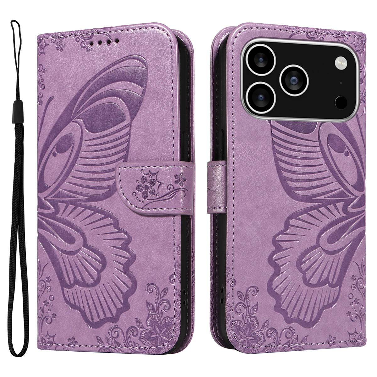 For iPhone 17 Pro Case Butterfly Pattern PU Leather Folio Flip Phone Cover -  Light Purple