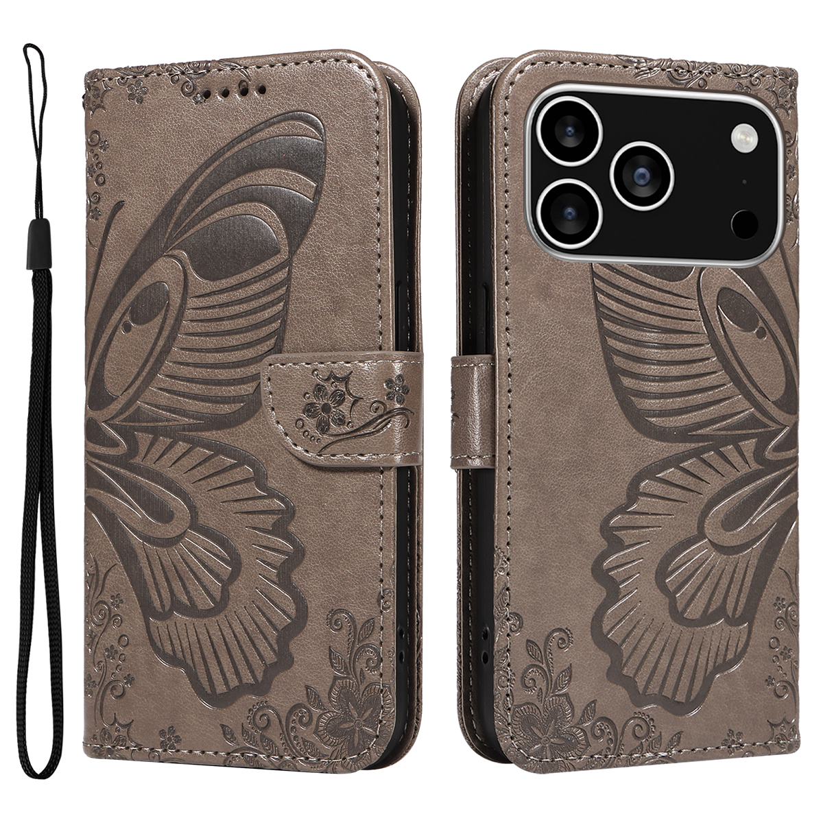 For iPhone 17 Pro Case Butterfly Pattern PU Leather Folio Flip Phone Cover - Grey