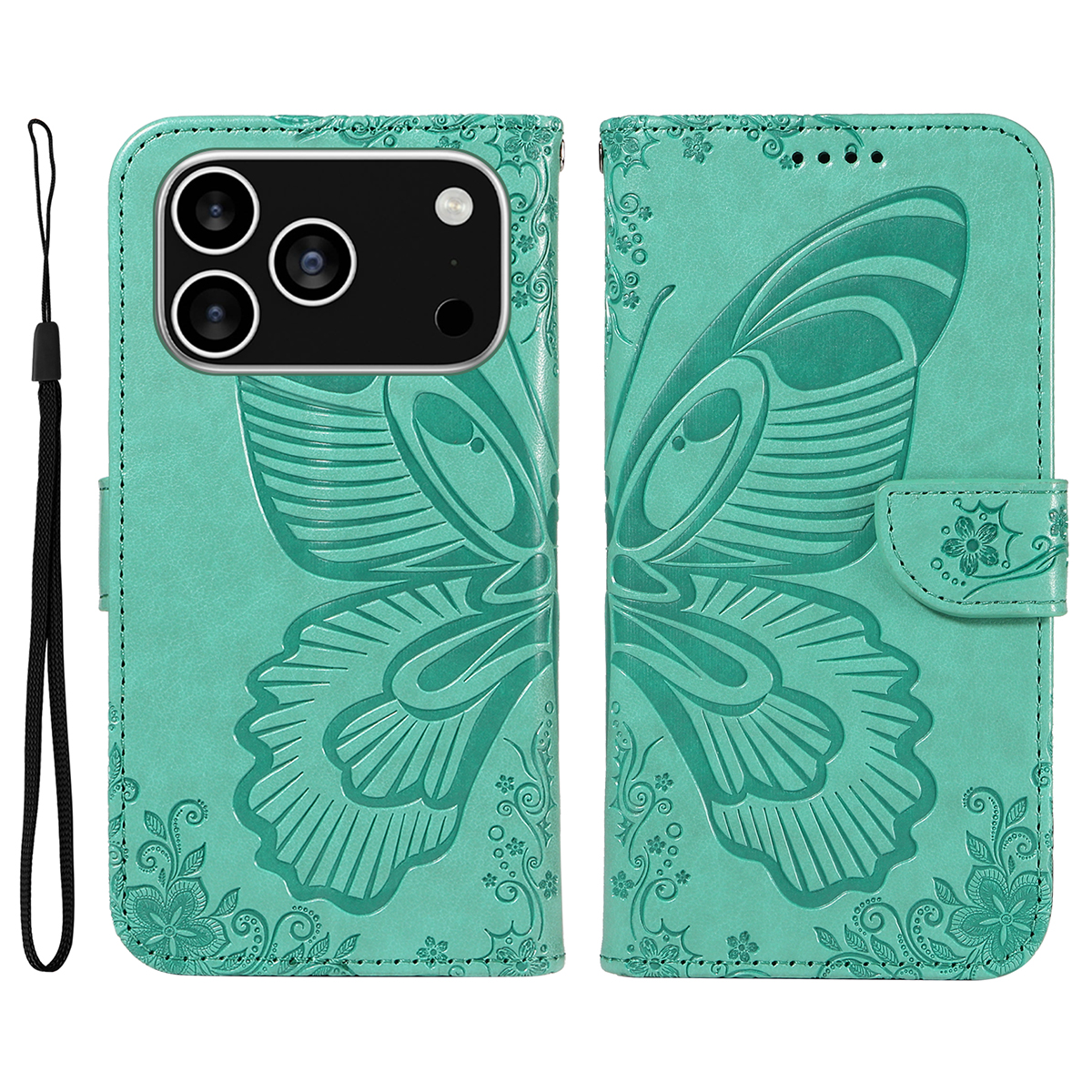 For iPhone 17 Pro Case Butterfly Pattern PU Leather Folio Flip Phone Cover -  Green