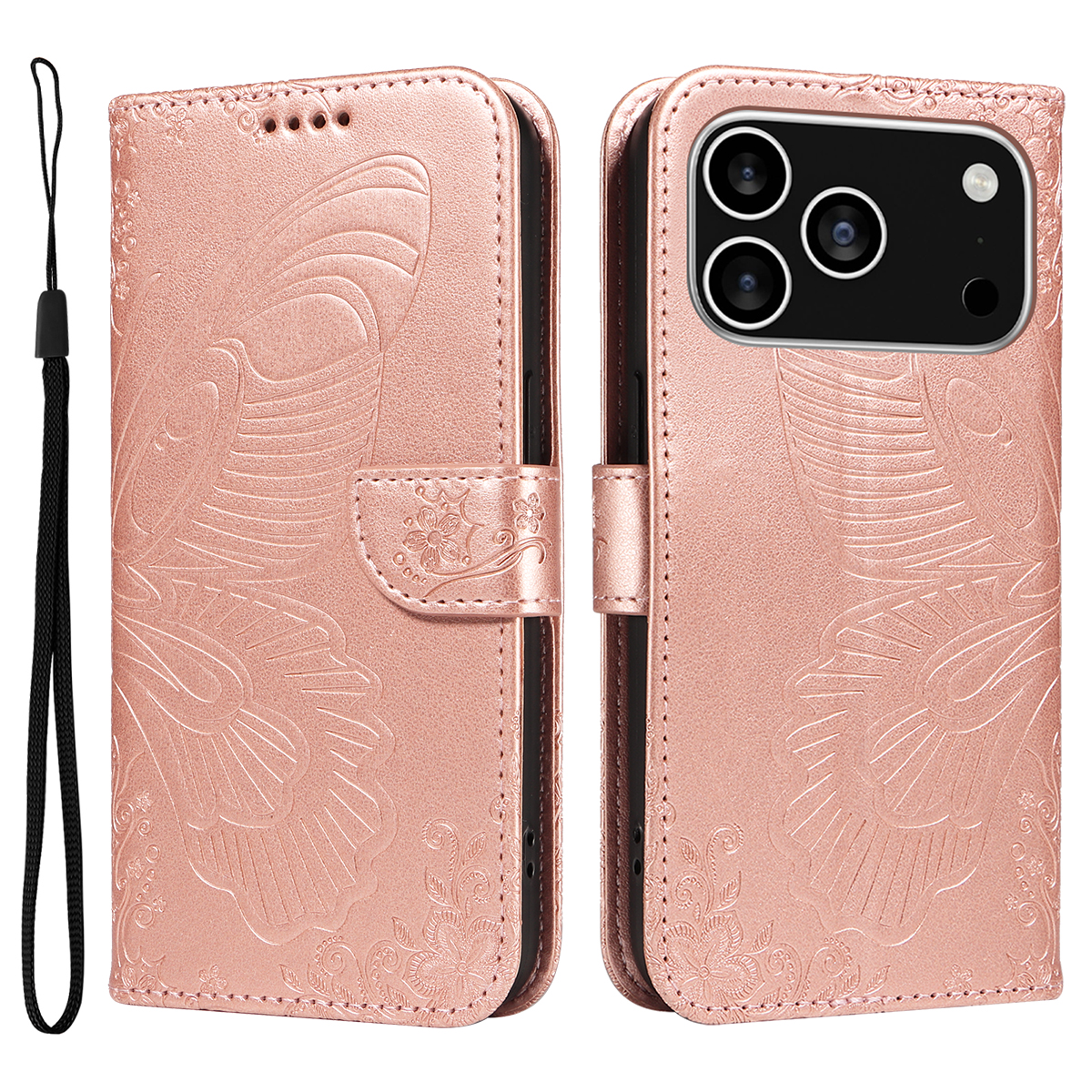 For iPhone 17 Pro Case Butterfly Pattern PU Leather Folio Flip Phone Cover -  Rose Gold