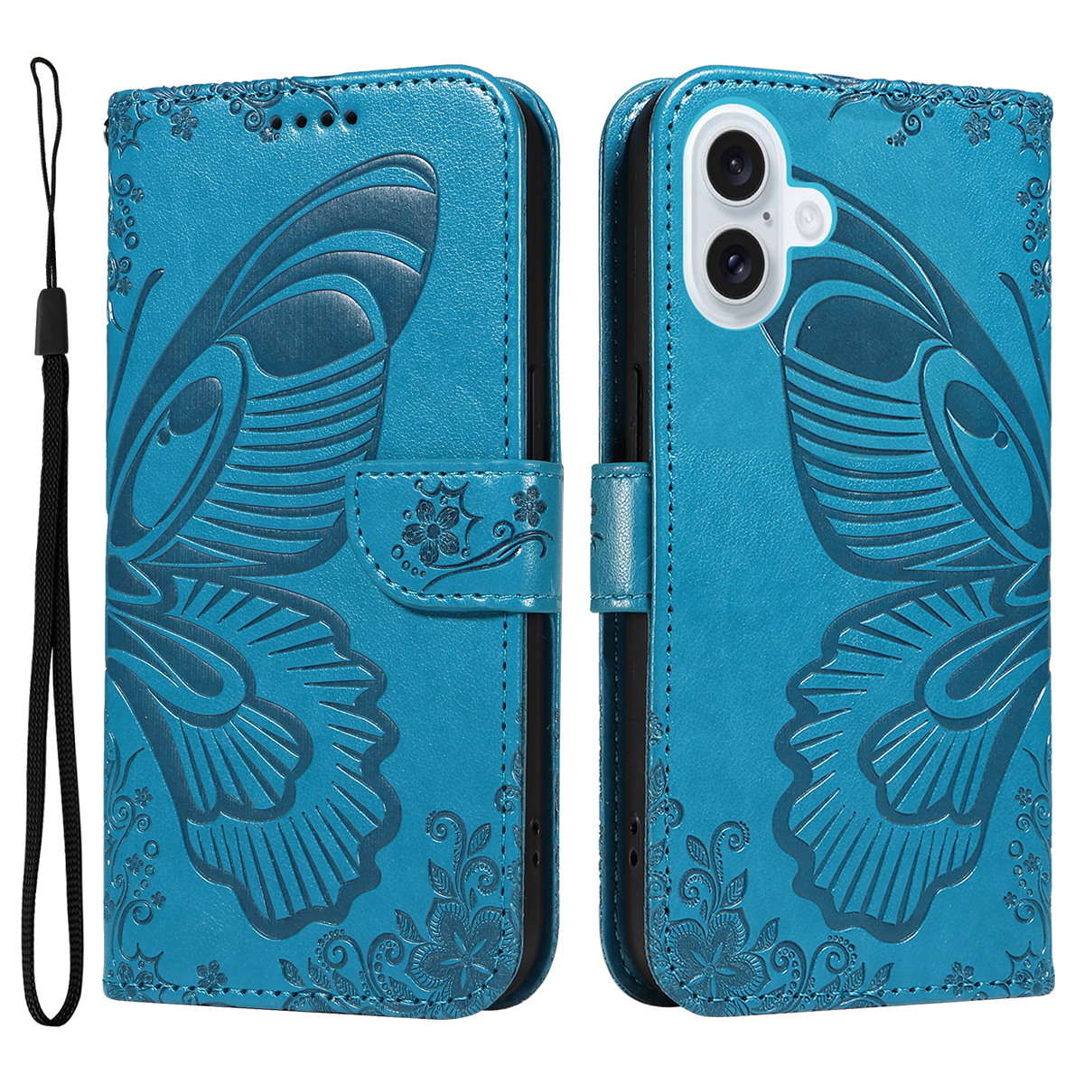 For iPhone 17 Case Butterfly Pattern PU Leather Folio Flip Phone Cover -  Blue