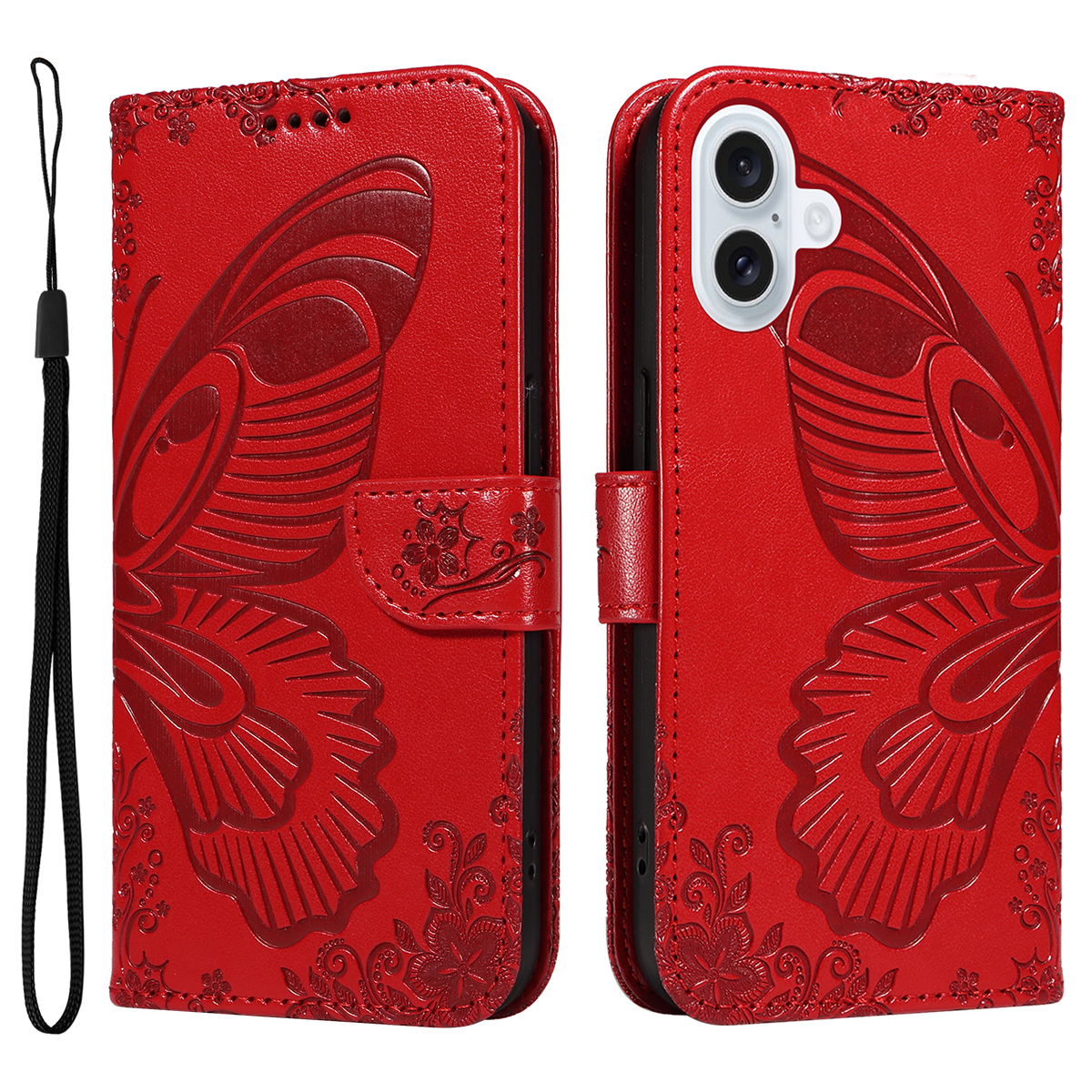 For iPhone 17 Case Butterfly Pattern PU Leather Folio Flip Phone Cover -  Red