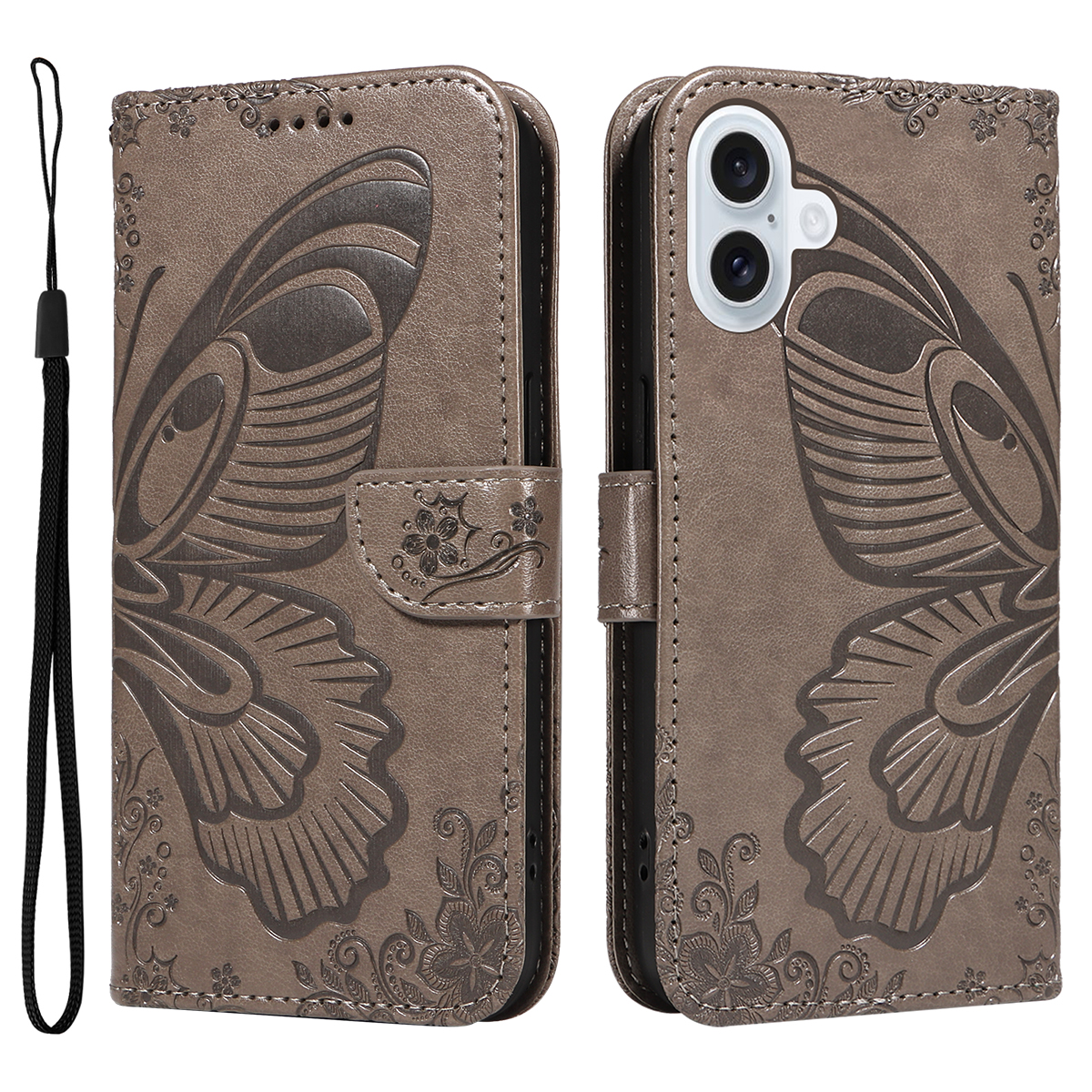 For iPhone 17 Case Butterfly Pattern PU Leather Folio Flip Phone Cover - Grey