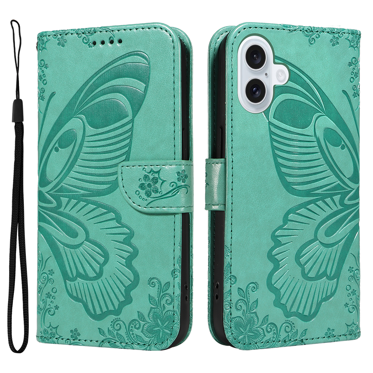 For iPhone 17 Case Butterfly Pattern PU Leather Folio Flip Phone Cover -  Green