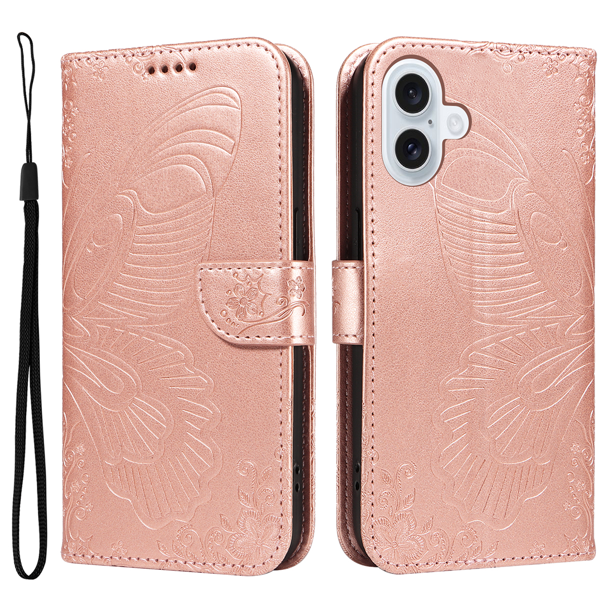 For iPhone 17 Case Butterfly Pattern PU Leather Folio Flip Phone Cover - Rose Gold