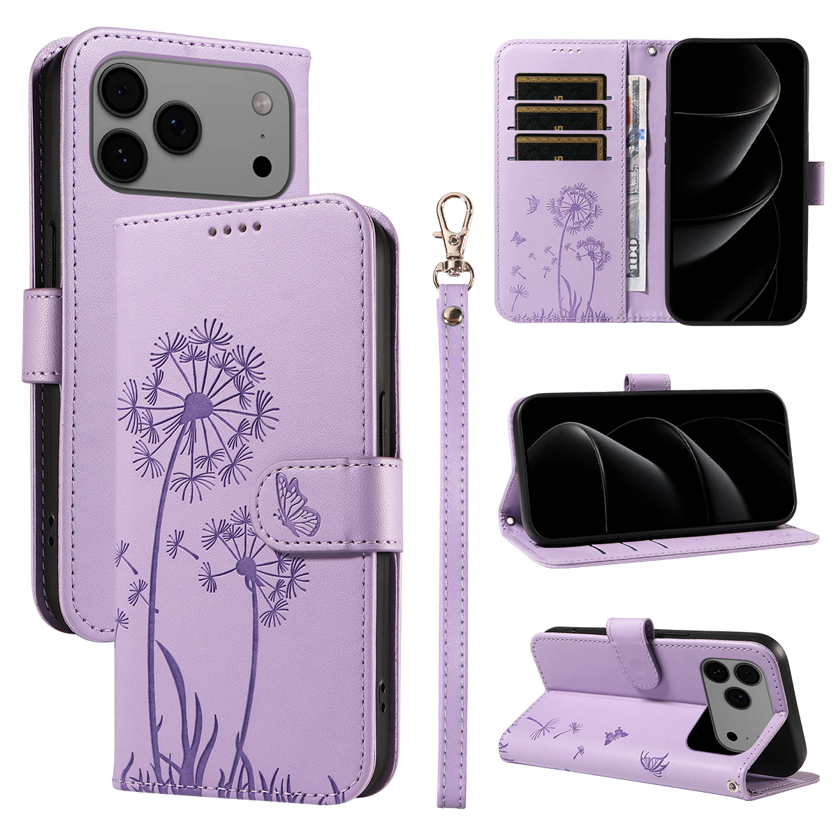 For iPhone 17 Pro Max Leather Wallet Case with Strap Dandelion Imprint Phone Stand Cover - Purple