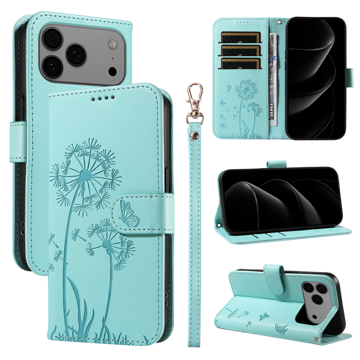 For iPhone 17 Pro Max Leather Wallet Case with Strap Dandelion Imprint Phone Stand Cover - Green