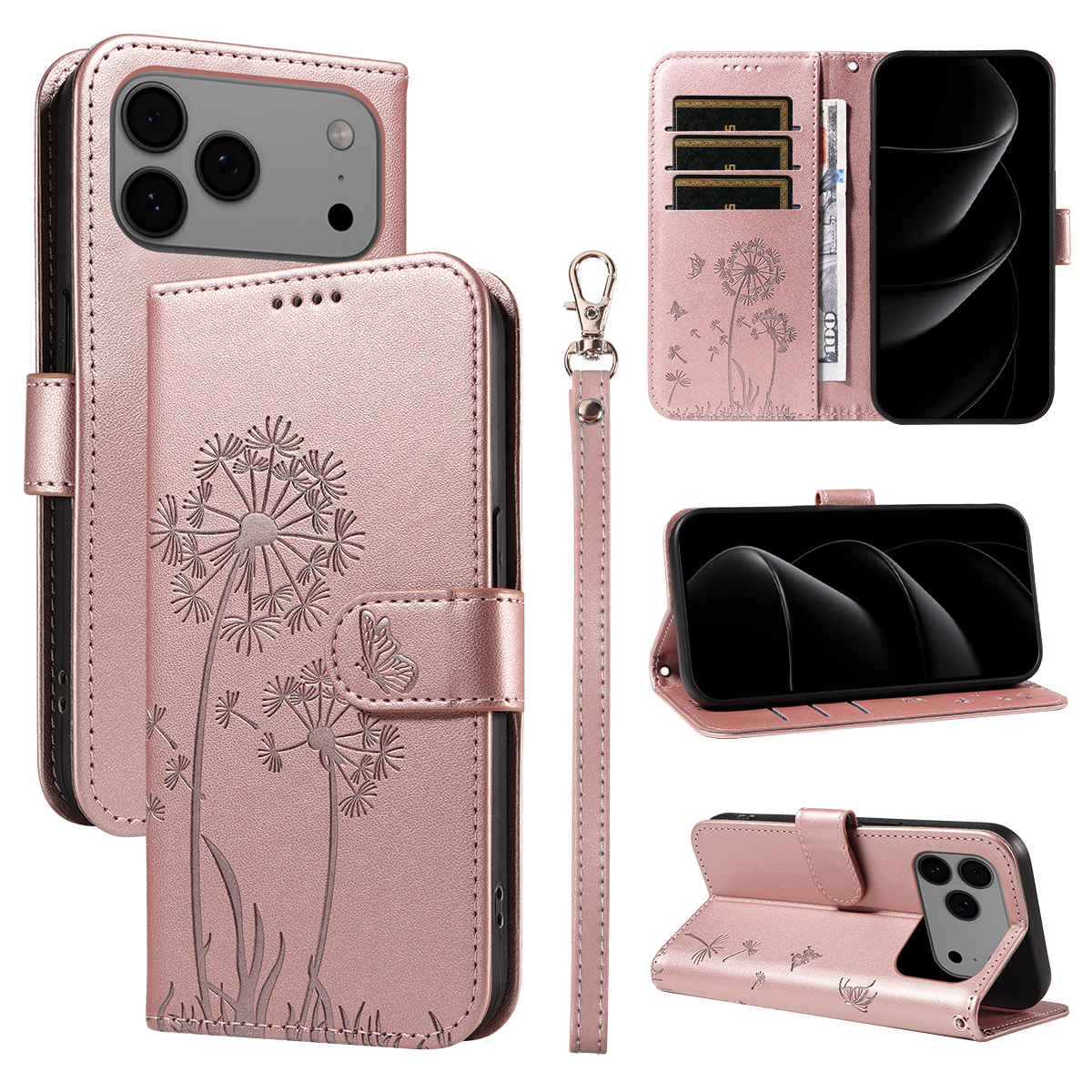 For iPhone 17 Pro Max Leather Wallet Case with Strap Dandelion Imprint Phone Stand Cover - Rose Gold