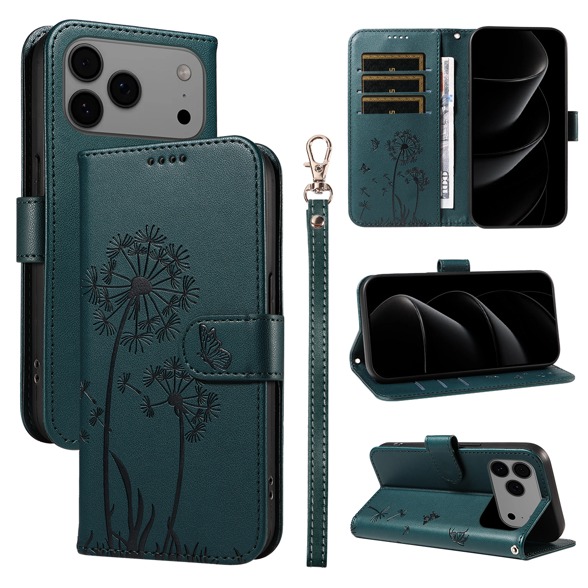 For iPhone 17 Pro Max Leather Wallet Case with Strap Dandelion Imprint Phone Stand Cover - Blue