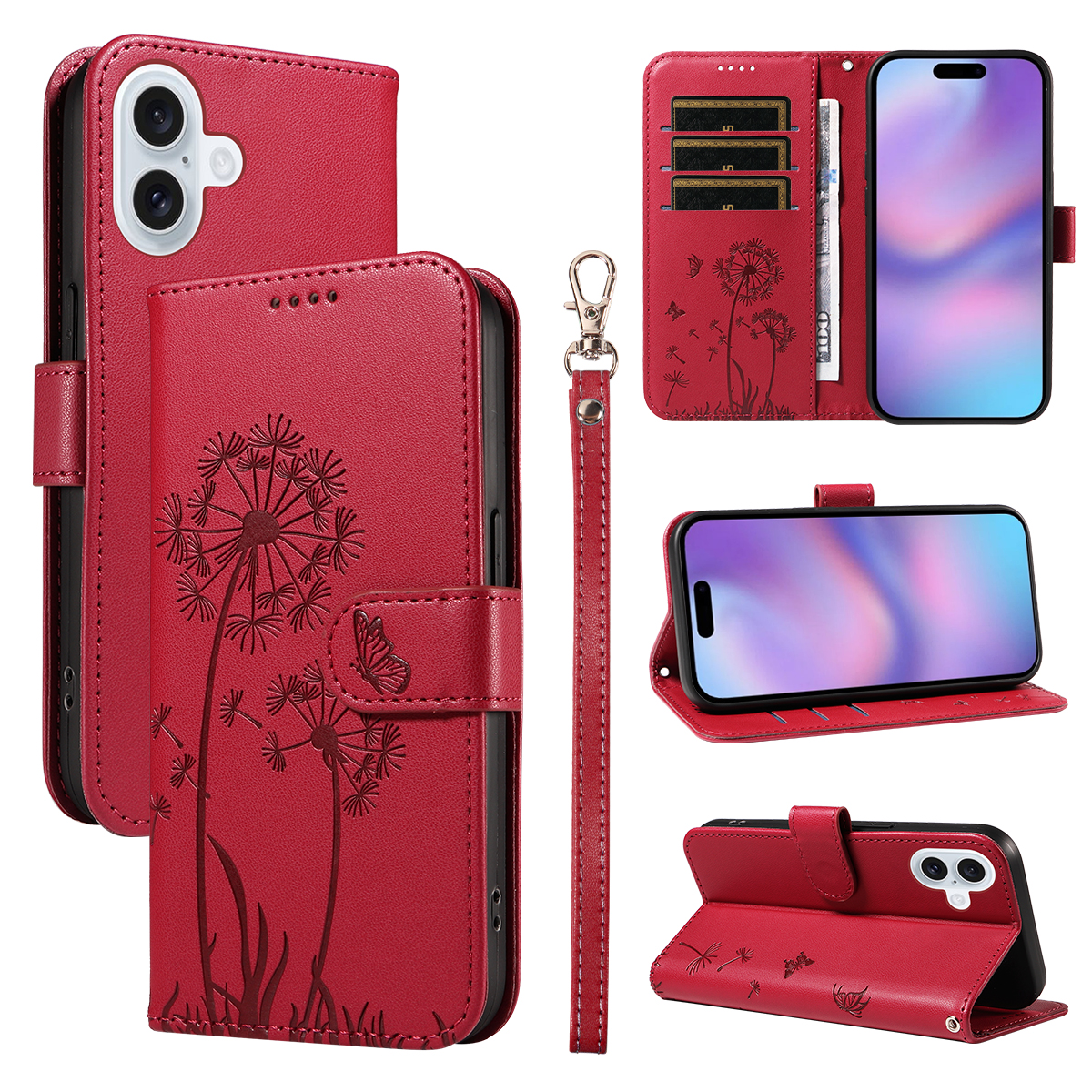 For iPhone 17 Leather Wallet Case with Strap Dandelion Imprint Phone Stand Cover - Red