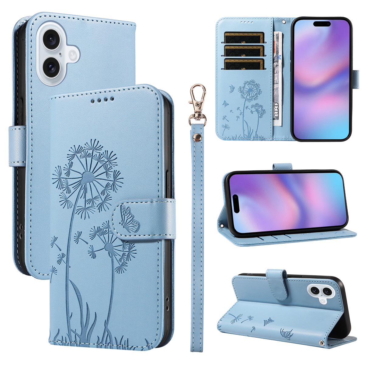 For iPhone 17 Leather Wallet Case with Strap Dandelion Imprint Phone Stand Cover - Sky Blue