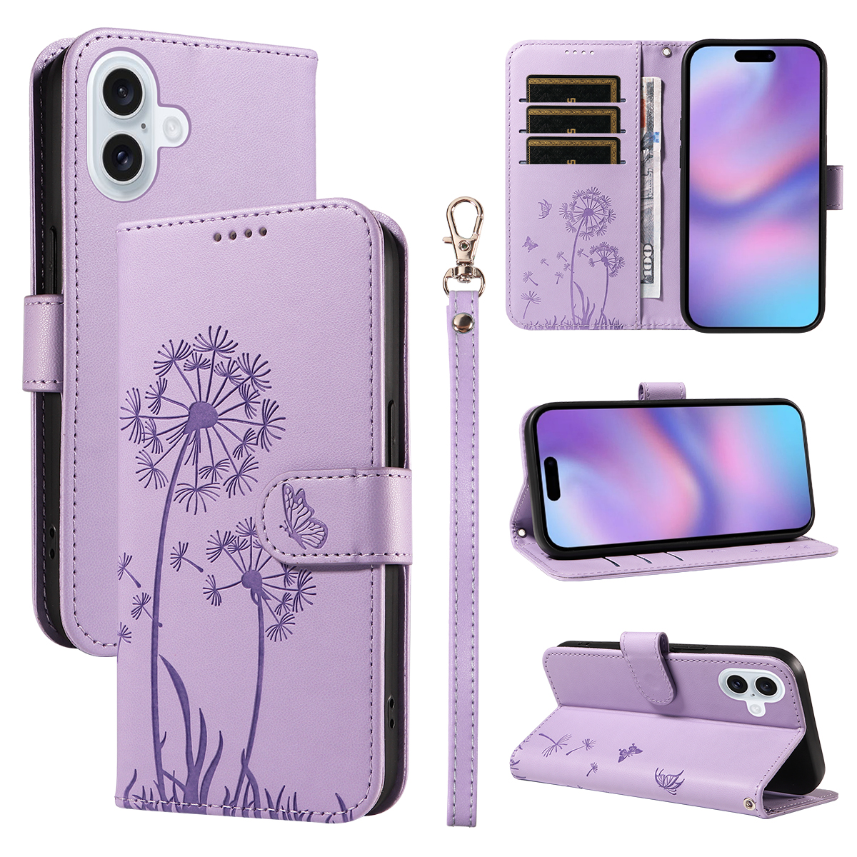 For iPhone 17 Leather Wallet Case with Strap Dandelion Imprint Phone Stand Cover - Purple