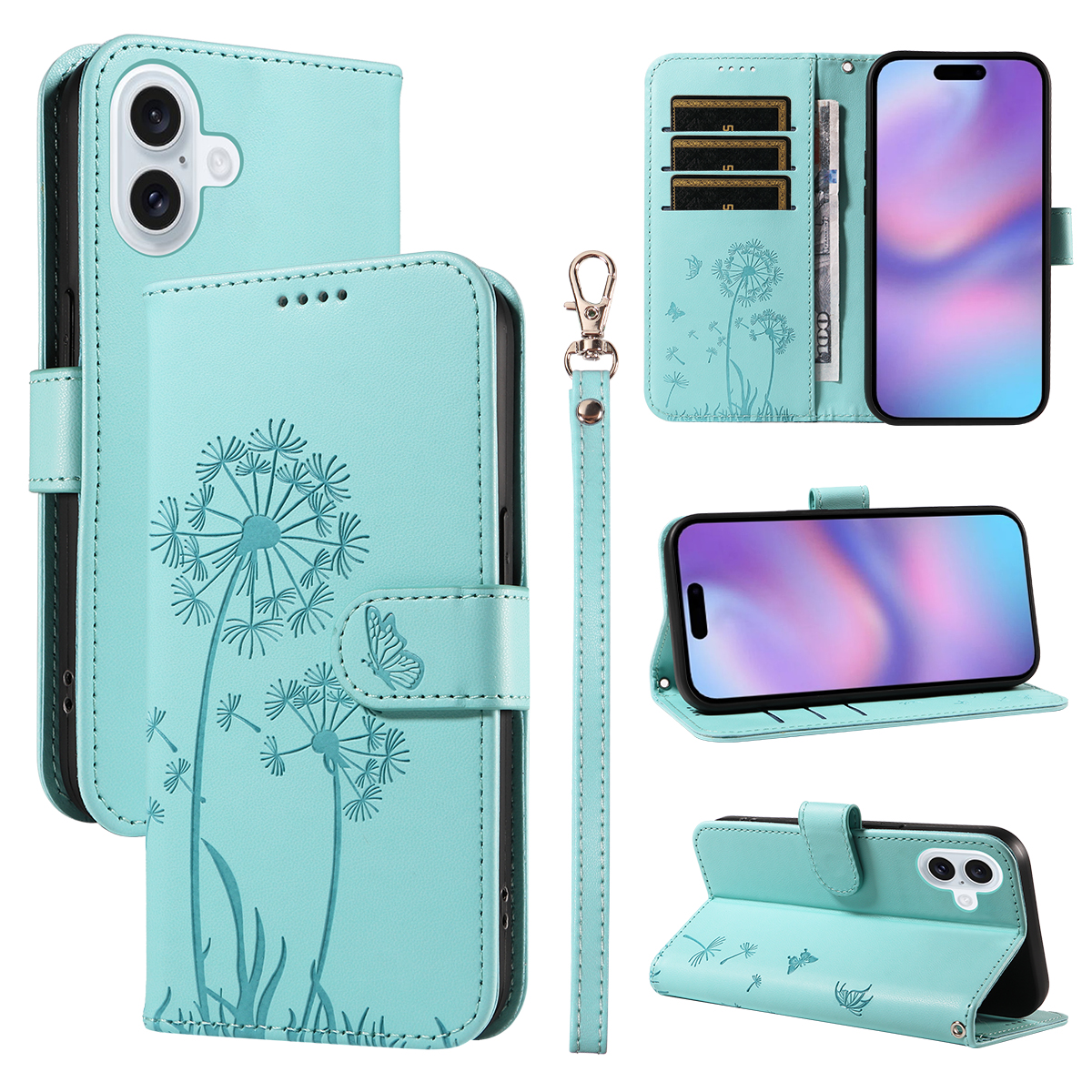 For iPhone 17 Leather Wallet Case with Strap Dandelion Imprint Phone Stand Cover - Green