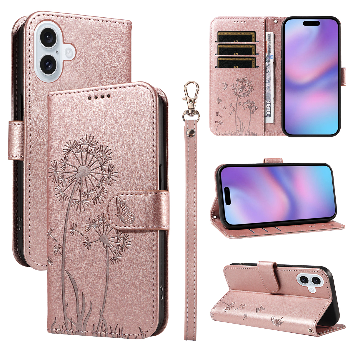 For iPhone 17 Leather Wallet Case with Strap Dandelion Imprint Phone Stand Cover - Rose Gold