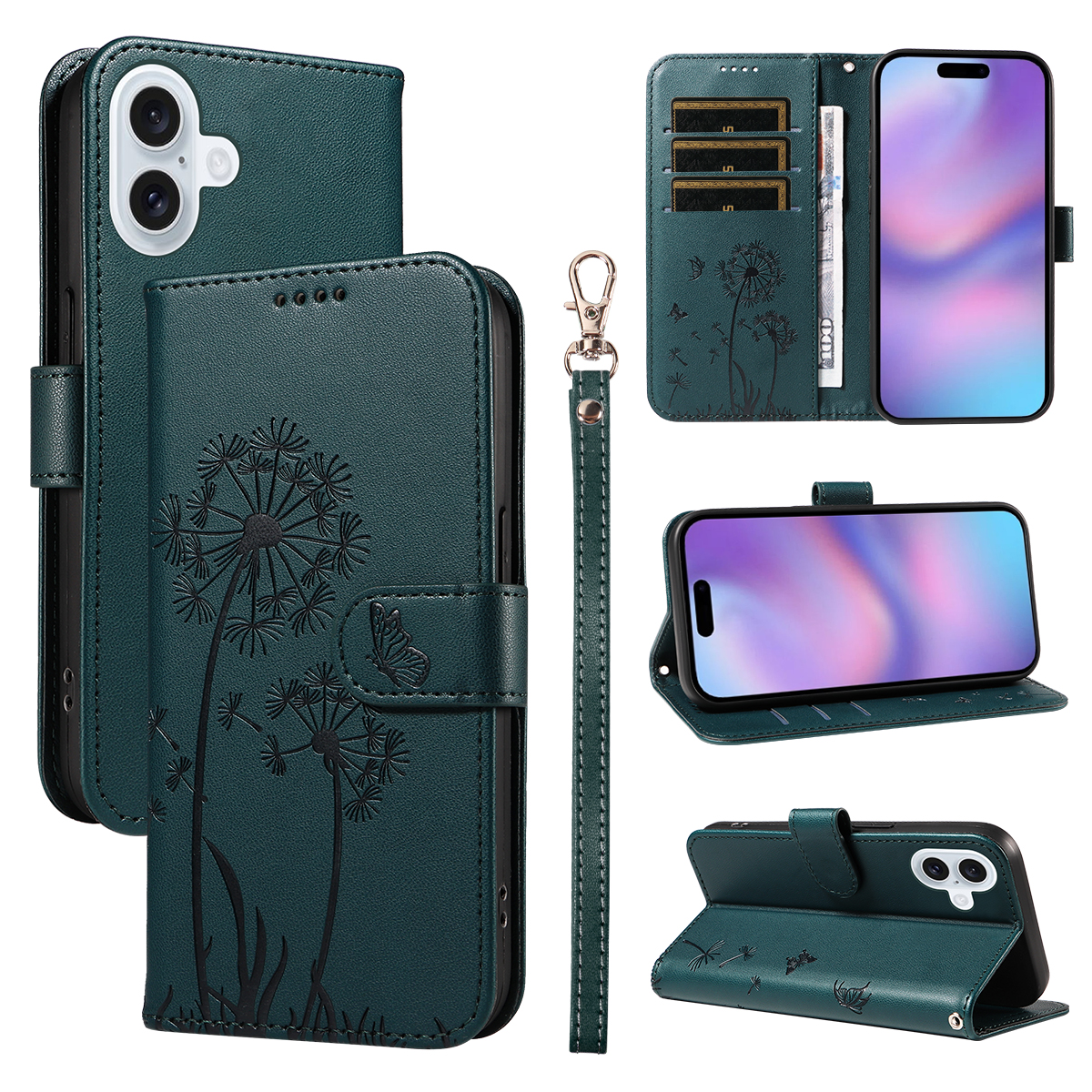 For iPhone 17 Leather Wallet Case with Strap Dandelion Imprint Phone Stand Cover - Blue
