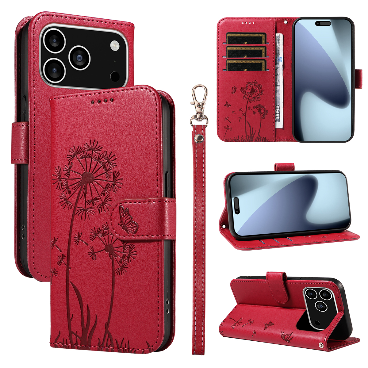 For iPhone 17 Pro Leather Wallet Case with Strap Dandelion Imprint Phone Stand Cover - Red