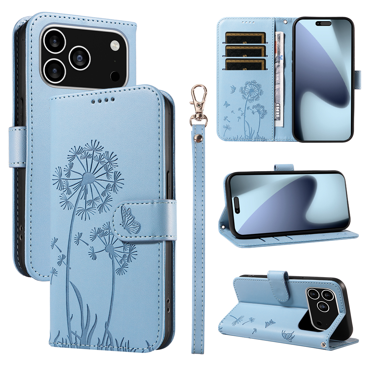 For iPhone 17 Pro Leather Wallet Case with Strap Dandelion Imprint Phone Stand Cover - Sky Blue