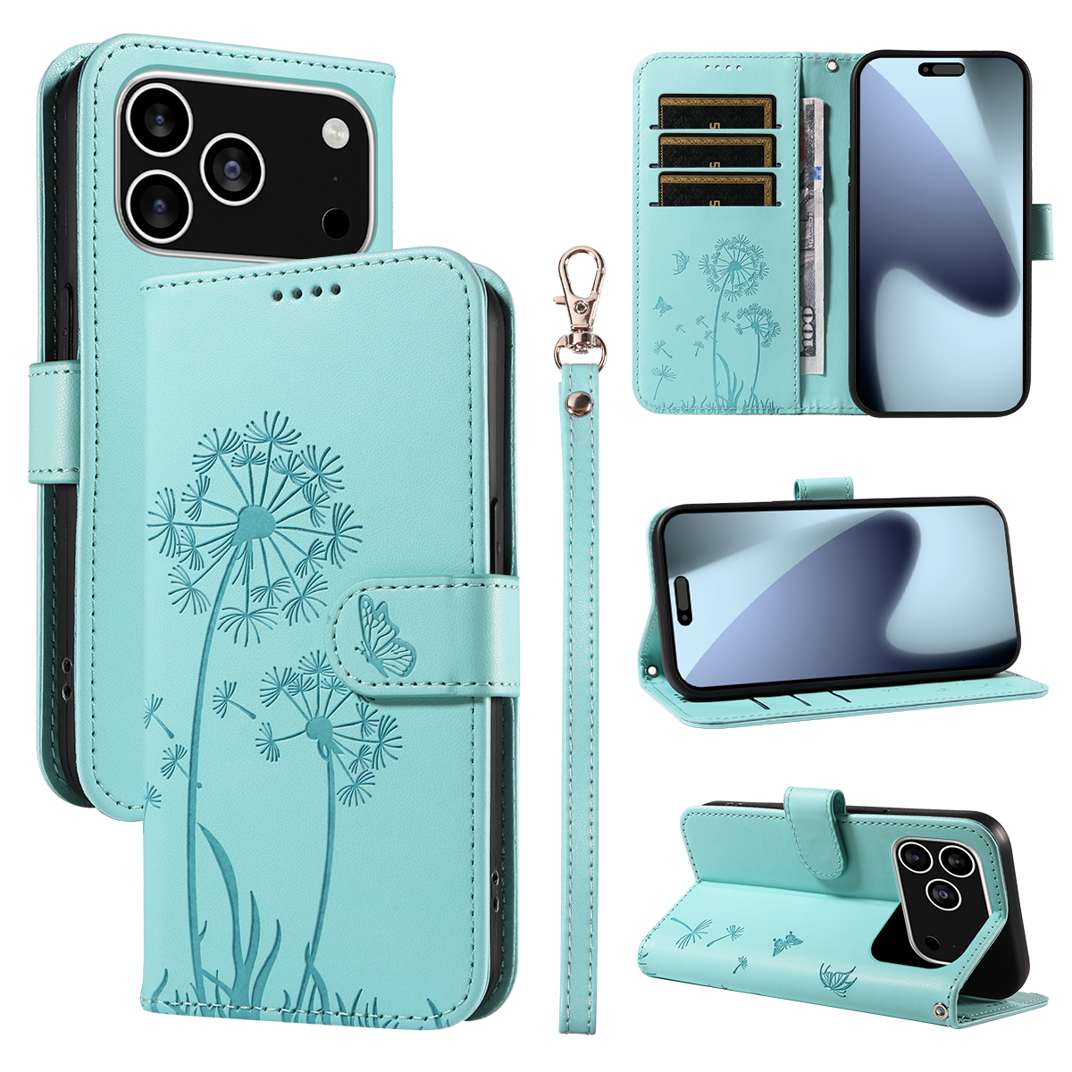 For iPhone 17 Pro Leather Wallet Case with Strap Dandelion Imprint Phone Stand Cover - Green
