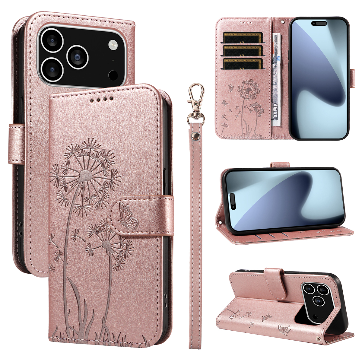 For iPhone 17 Pro Leather Wallet Case with Strap Dandelion Imprint Phone Stand Cover - Rose Gold