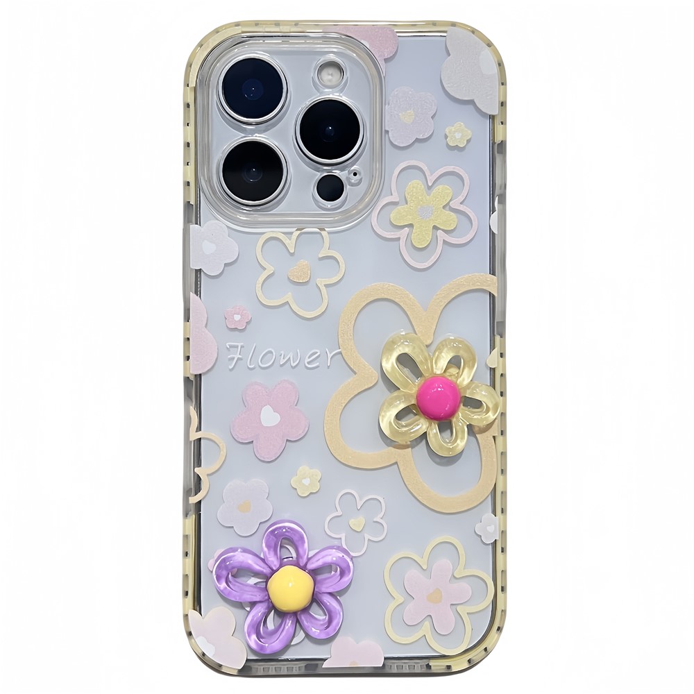 For iPhone 16 Pro Case Grid Frame 3D Flower Design TPU Phone Cover - Yellow