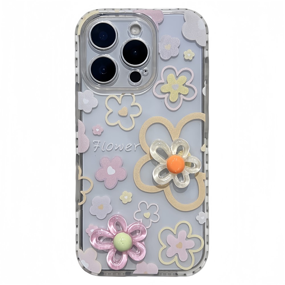 For iPhone 16 Pro Case Grid Frame 3D Flower Design TPU Phone Cover - White