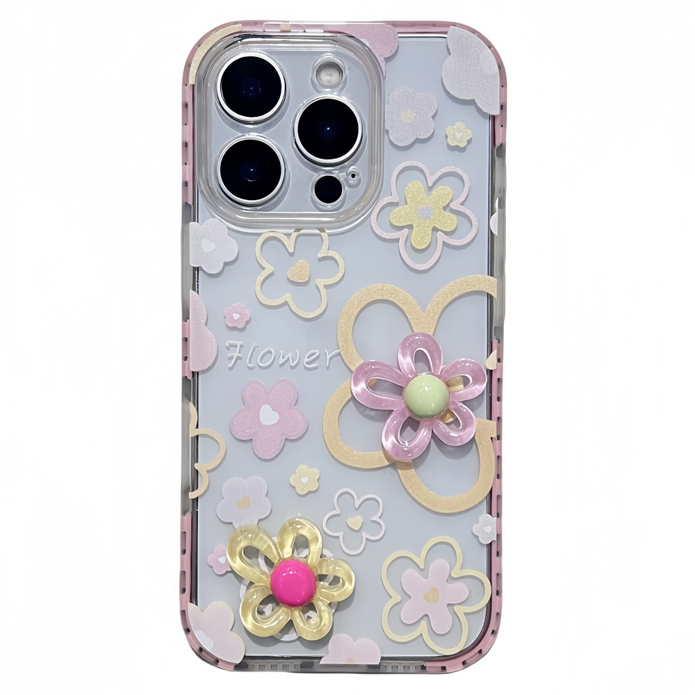 For iPhone 16 Pro Max Case Grid Frame 3D Flower Design TPU Phone Cover - Pink