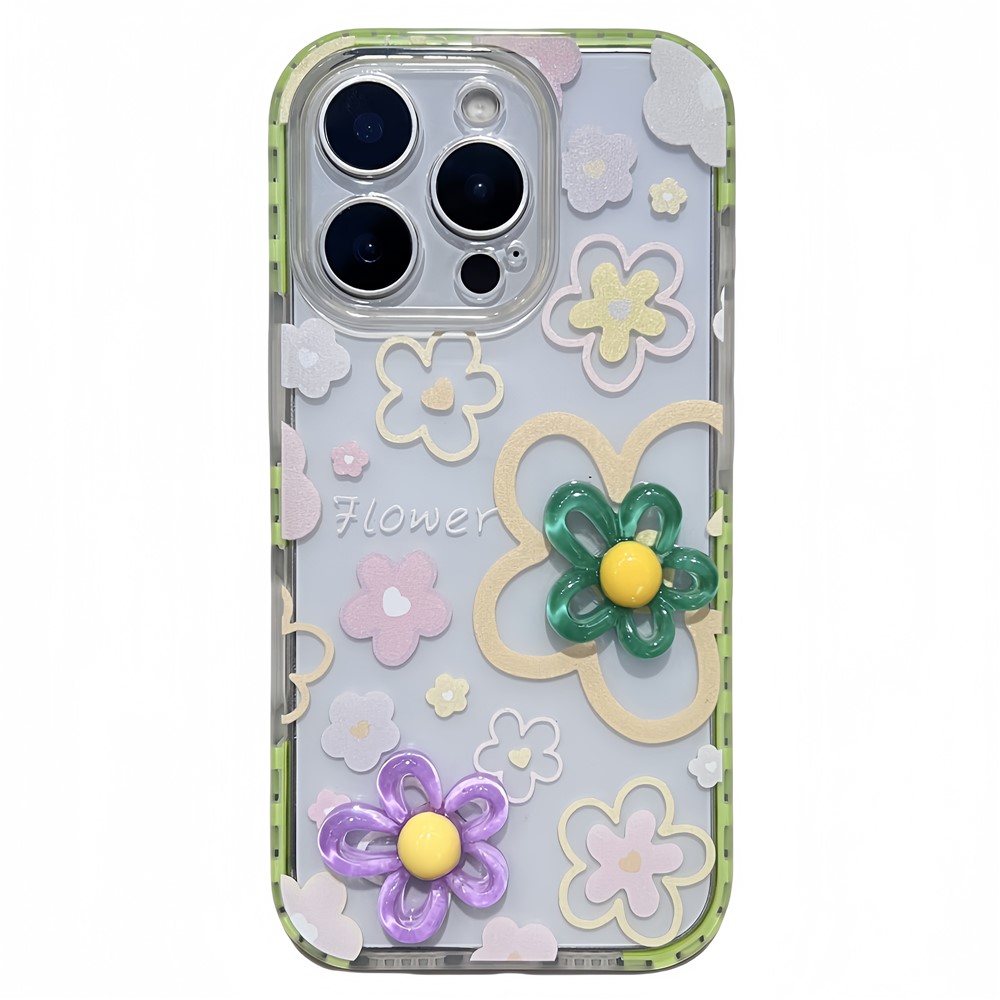 For iPhone 16 Pro Max Case Grid Frame 3D Flower Design TPU Phone Cover - Green
