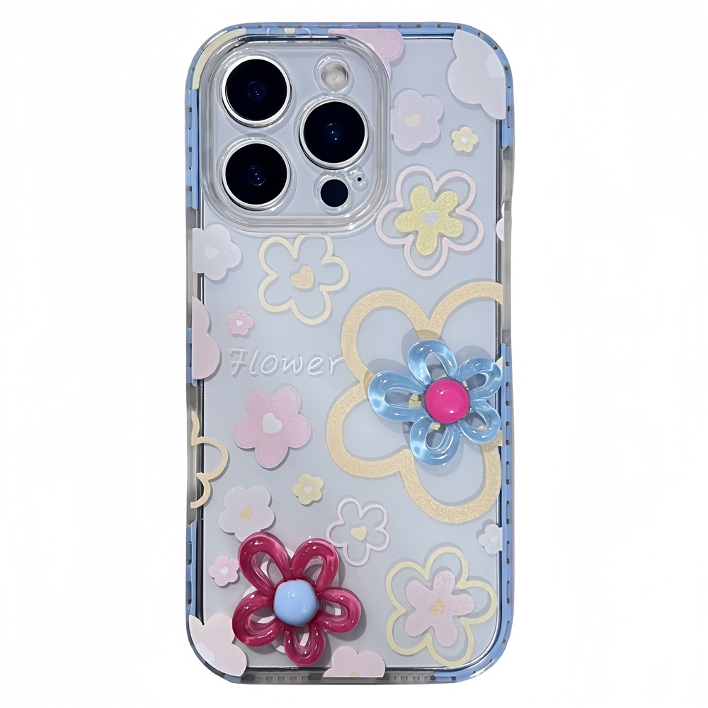 For iPhone 16 Pro Max Case Grid Frame 3D Flower Design TPU Phone Cover - Blue
